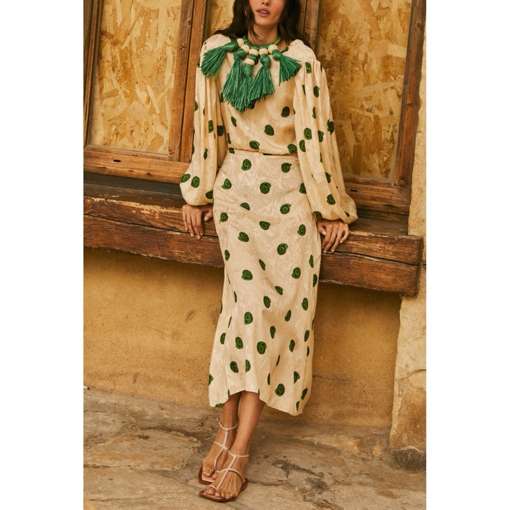 Johanna Ortiz Polka-Dot Green Long-Sleeve Midi Linda Dress